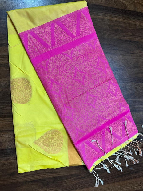 Fancy Soft Silk Bhutta Saree - LTS47 Canary Yellow & Hot Pink