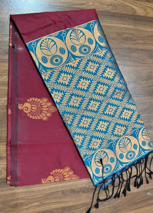 Fancy Soft Silk Bhutta Saree - LTS48 Wine Red  & Turquoise