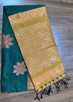 Fancy Soft Silk Bhutta Saree - LTS50 Forest Green & Muted Gold