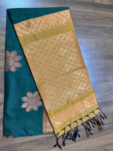 Fancy Soft Silk Bhutta Saree - LTS50 Forest Green & Muted Gold