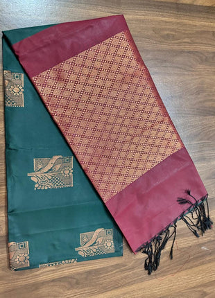 Fancy Soft Silk Bhutta Saree - LTS51 Deep Forest Green & Maroon