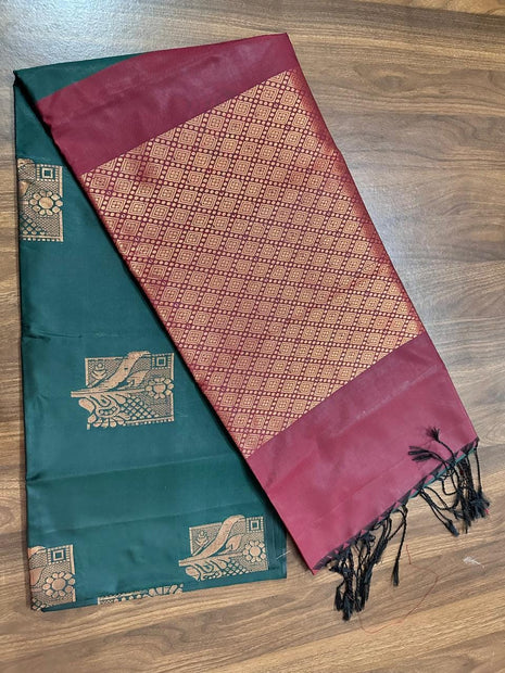 Fancy Soft Silk Bhutta Saree - LTS51 Deep Forest Green & Maroon