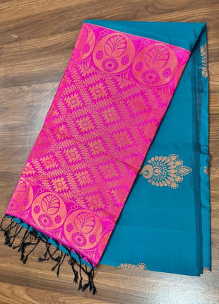 Fancy Soft Silk Bhutta Saree - LTS52 Peacock Blue & Hot Pink