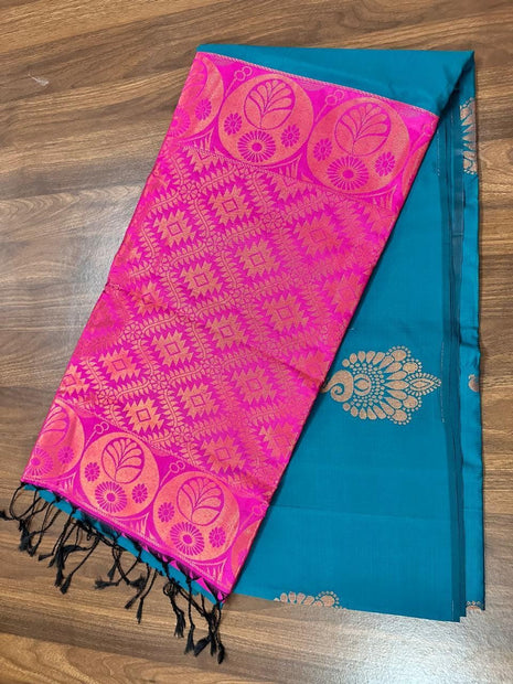 Fancy Soft Silk Bhutta Saree - LTS52 Peacock Blue & Hot Pink