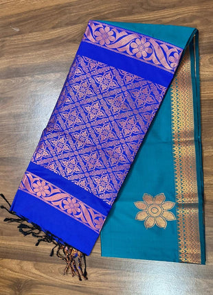 Fancy Soft Silk Bhutta Saree - LTS53 Peacock Green & Cobalt Blue