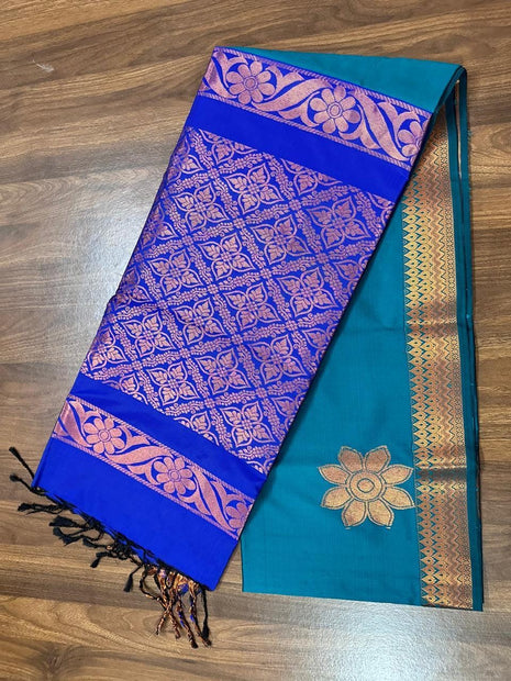 Fancy Soft Silk Bhutta Saree - LTS53 Peacock Green & Cobalt Blue