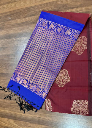 Fancy Soft Silk Bhutta Saree - Deep Maroon & Royal Blue