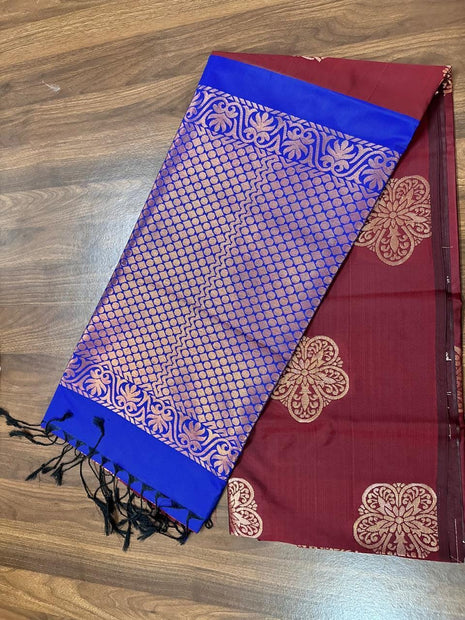 Fancy Soft Silk Bhutta Saree - Deep Maroon & Royal Blue