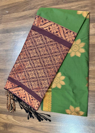 Fancy Soft Silk Bhutta Saree - LTS54 Leaf Green & Dark Maroon