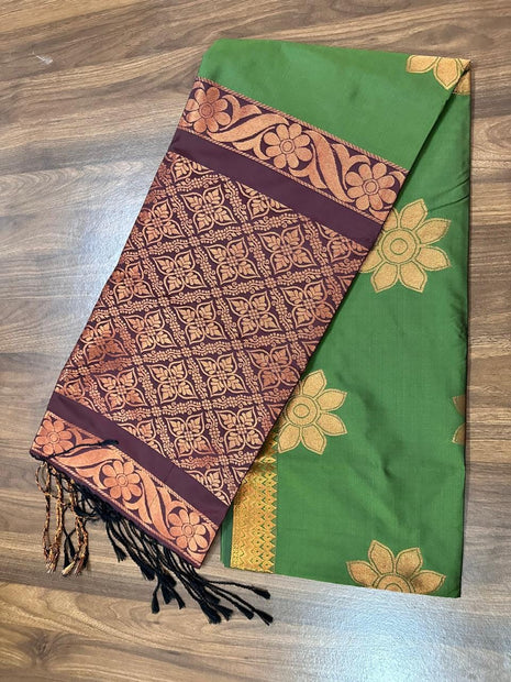 Fancy Soft Silk Bhutta Saree - LTS54 Leaf Green & Dark Maroon