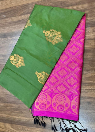 Fancy Soft Silk Bhutta Saree - Moss Green & Hot Pink