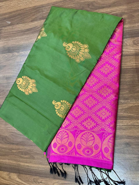 Fancy Soft Silk Bhutta Saree - Moss Green & Hot Pink