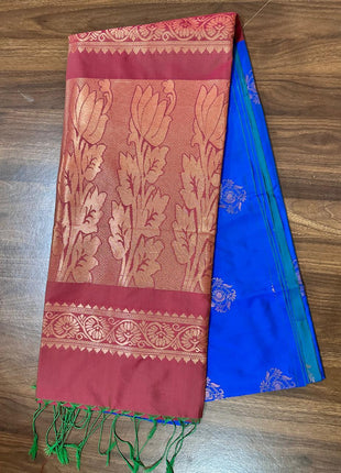 Fancy Soft Silk Bhutta Saree - LTS20 Indigo Blue & Brown