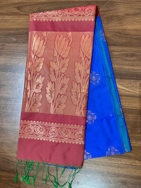 Fancy Soft Silk Bhutta Saree - LTS20 Indigo Blue & Brown