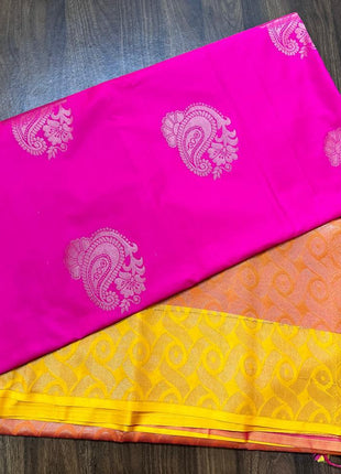 Fancy Soft Silk Bhutta Saree - LTS21 Pink & Light Yellow