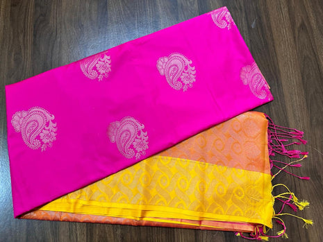 Fancy Soft Silk Bhutta Saree - LTS21 Pink & Light Yellow
