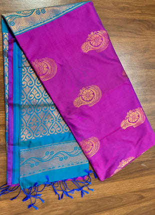 Fancy Soft Silk Bhutta Saree - LTS22 Magenta & Peacock Blue