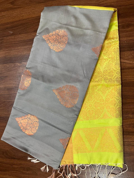 Fancy Soft Silk Bhutta Saree - LTS25 Grey with Yellow