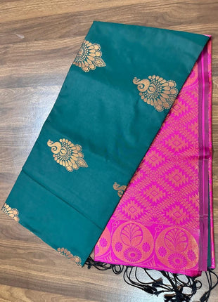 Fancy Soft Silk Bhutta Saree - LTS28 Dark Teal & Hot Pink