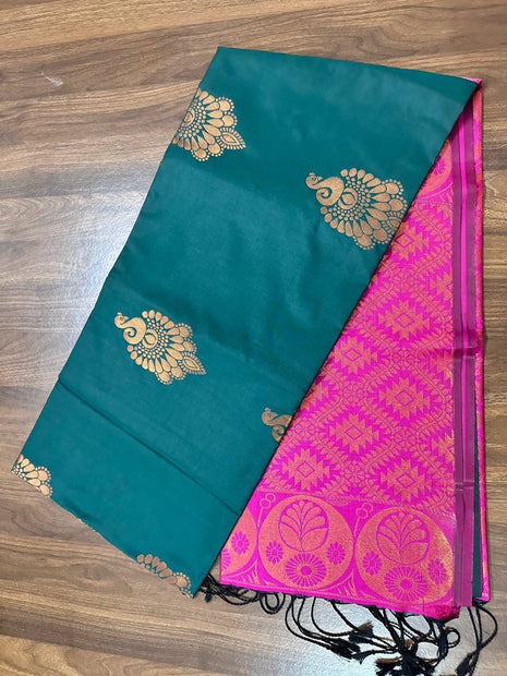 Fancy Soft Silk Bhutta Saree - LTS28 Dark Teal & Hot Pink
