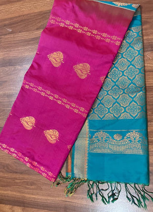 Fancy Soft Silk Bhutta Saree - LTS29 Hot Pink & Green