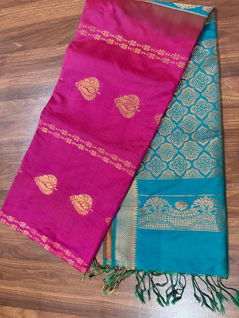 Fancy Soft Silk Bhutta Saree - LTS29 Hot Pink & Green