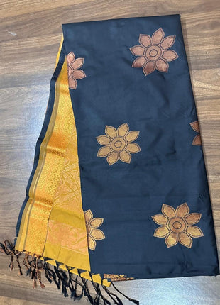 Fancy Soft Silk Bhutta Saree - LTS32 Black & Mustard Yellow