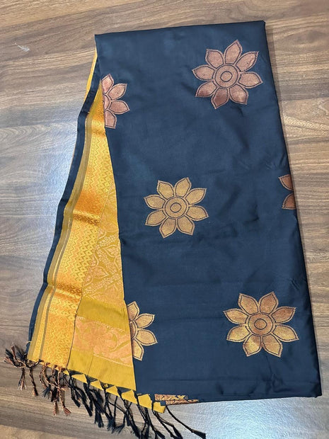 Fancy Soft Silk Bhutta Saree - LTS32 Black & Mustard Yellow