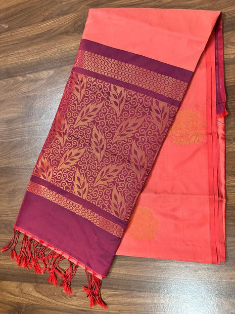 Fancy Soft Silk Bhutta Saree - LTS34 Light Salmon Pink & Wine Red