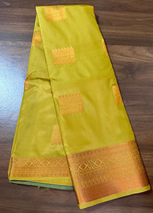 Fancy Soft Silk Bhutta Saree - Mustard Yellow With Copper Zari
