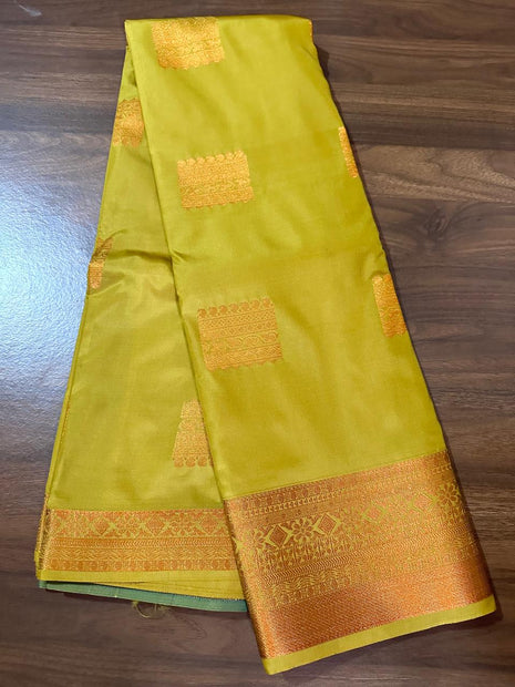 Fancy Soft Silk Bhutta Saree - Mustard Yellow With Copper Zari