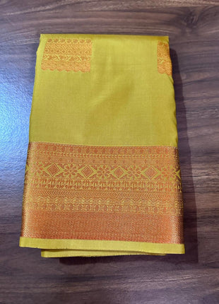 Fancy Soft Silk Bhutta Saree - Mustard Yellow With Copper Zari
