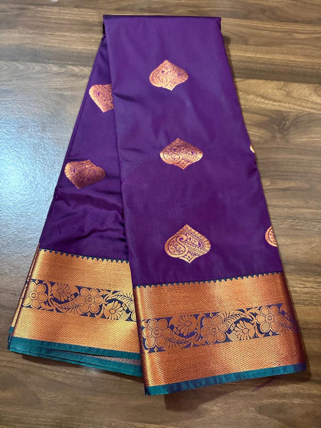 Fancy Soft Silk Bhutta Saree - Deep Purple With Copper Zari