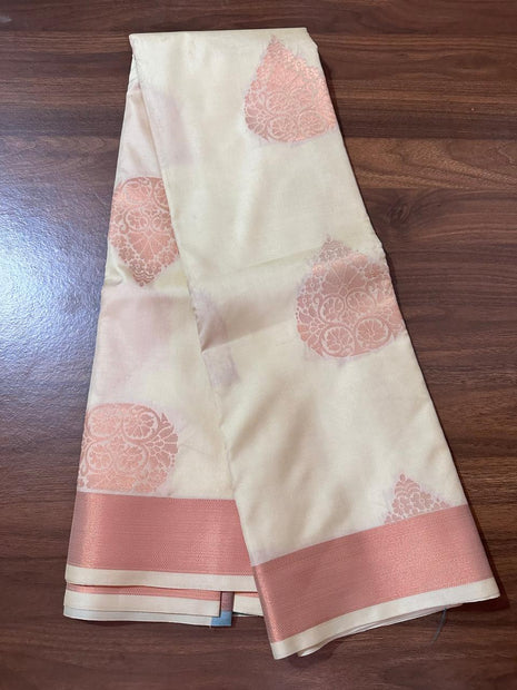 Fancy Soft Silk Bhutta Saree - Offwhite With Copper Zari