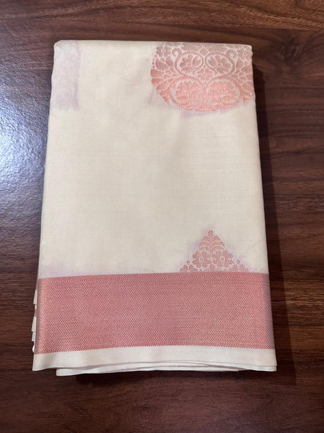Fancy Soft Silk Bhutta Saree - Offwhite With Copper Zari