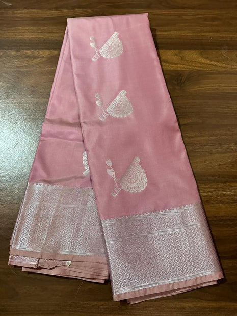 Fancy Soft Silk Bhutta Saree - Light Rose Pink With Silver Zari