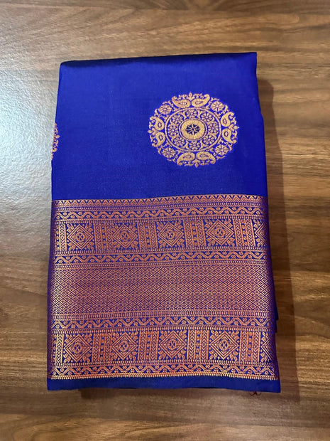 Fancy Soft Silk Bhutta Saree - Royal Blue With Copper Zari