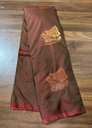 Fancy Soft Silk Bhutta Saree - Deep Maroon And Brown With Gold Zari