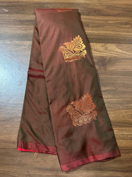 Fancy Soft Silk Bhutta Saree - Deep Maroon And Brown With Gold Zari