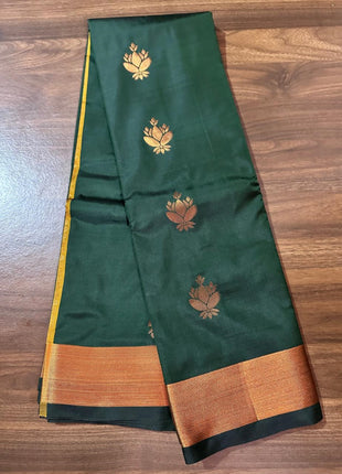 Fancy Soft Silk Bhutta Saree - Dark Green with Golden Zari