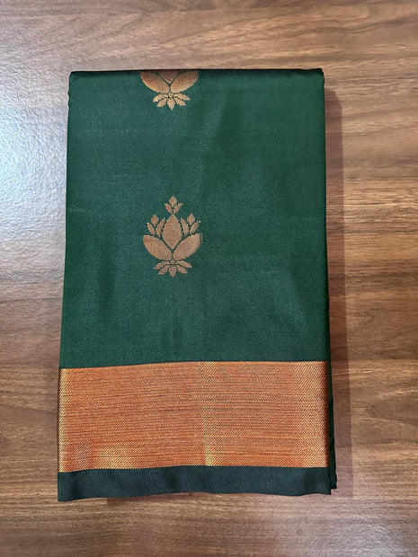 Fancy Soft Silk Bhutta Saree - Dark Green with Golden Zari