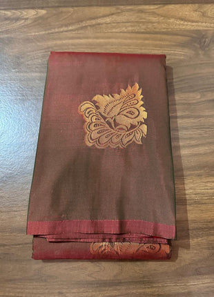 Fancy Soft Silk Bhutta Saree - Deep Maroon And Brown With Gold Zari