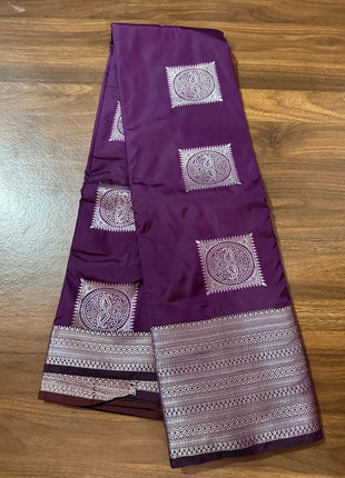 Fancy Soft Silk Bhutta Saree - Deep purple With Silver Zari