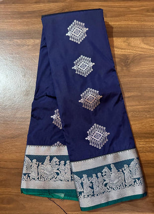 Fancy Soft Silk Bhutta Saree - LT77 Navy Blue With Silver Zari