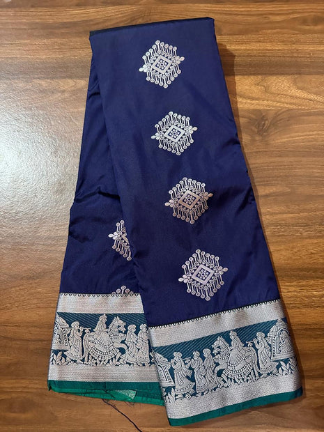 Fancy Soft Silk Bhutta Saree - LT77 Navy Blue With Silver Zari