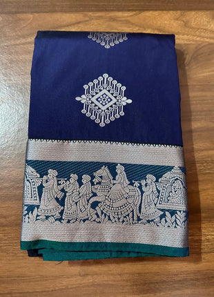 Fancy Soft Silk Bhutta Saree - LT77 Navy Blue With Silver Zari