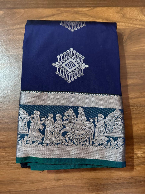 Fancy Soft Silk Bhutta Saree - LT77 Navy Blue With Silver Zari