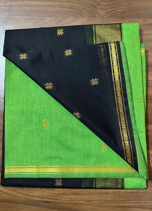Luna Silk Cotton Saree - Green & Black With Gold Zari