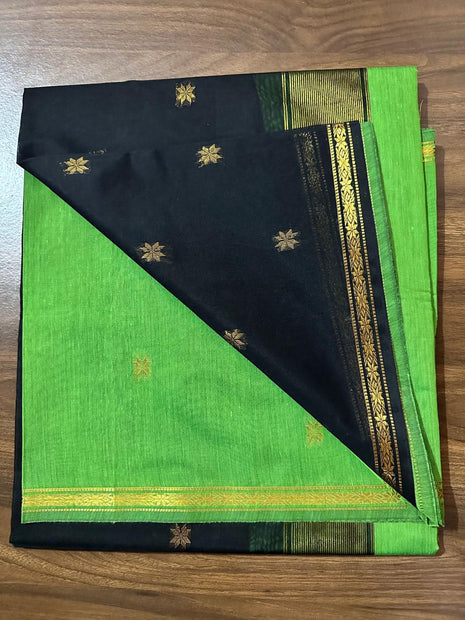 Luna Silk Cotton Saree - Green & Black With Gold Zari