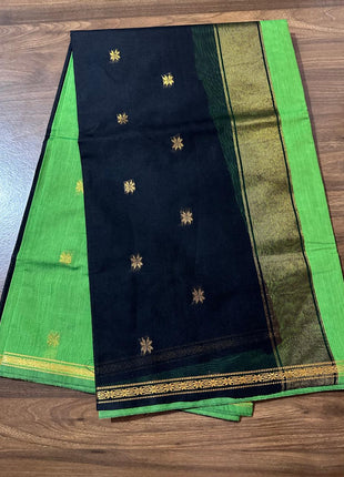 Luna Silk Cotton Saree - Green & Black With Gold Zari